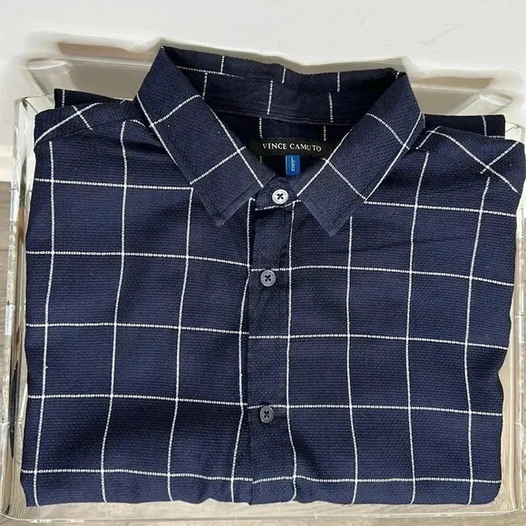 Vince Camuto Polo Shirt Men's Large Blue Window Pane Short Sleeve Button Front - Picture 1 of 7